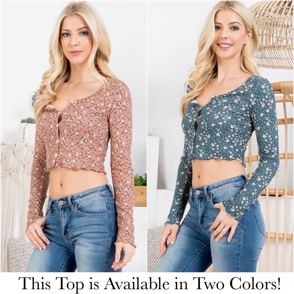 Flirty Long Sleeve Button Up Floral Mauve Crop Top - Picture 7 of 16
